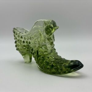 Vintage Fenton Olive Green Hobnail Cat Glass Shoe Slipper - EUC - 3 1/4”